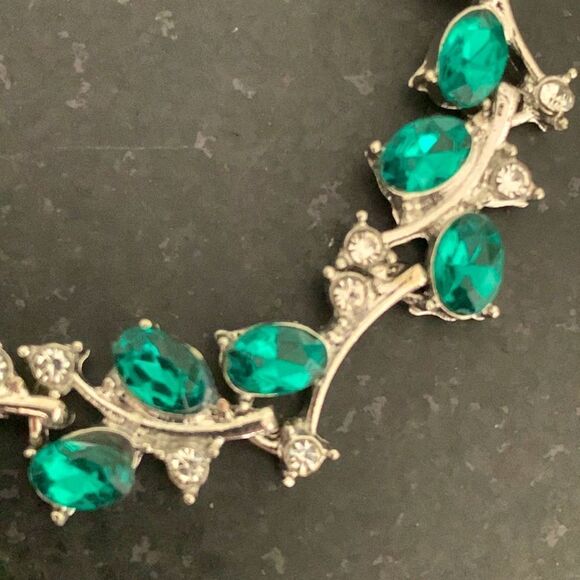 Green Gemstone Vine & Leaf Bridal Bracelet with CZ Crystals in Silver Tone Metal - Picture 6 of 11